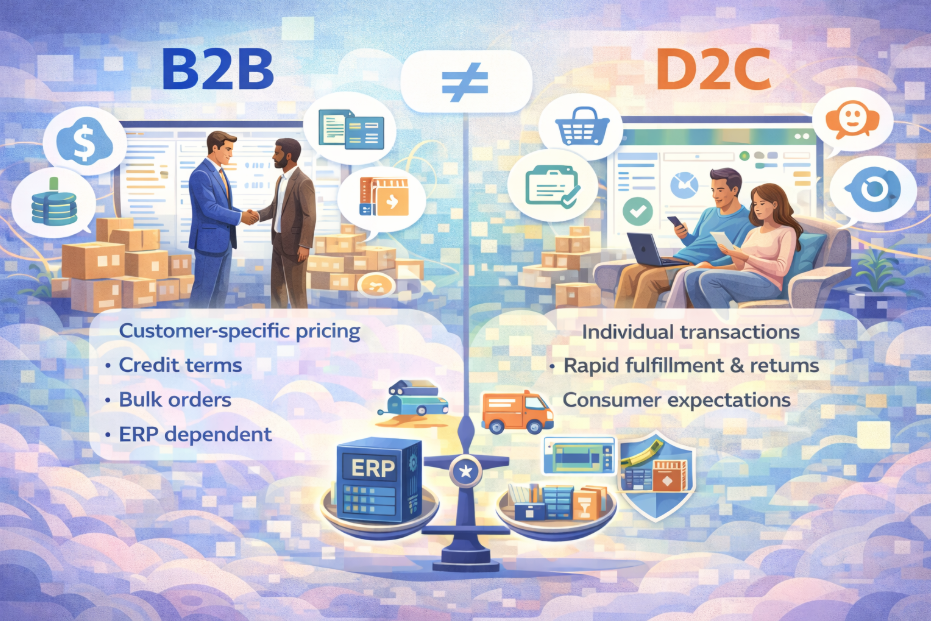 B2B ecommerce is not D2C — illustration comparing wholesale operations with customer-specific pricing, credit terms, bulk orders and ERP dependency against consumer retail with individual transactions, rapid fulfilment and consumer expectations