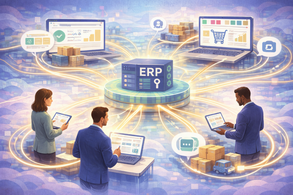 Illustration showing data flows between integrated business systems including ERP, ecommerce platforms, and dashboards with visible data pathways and connection points