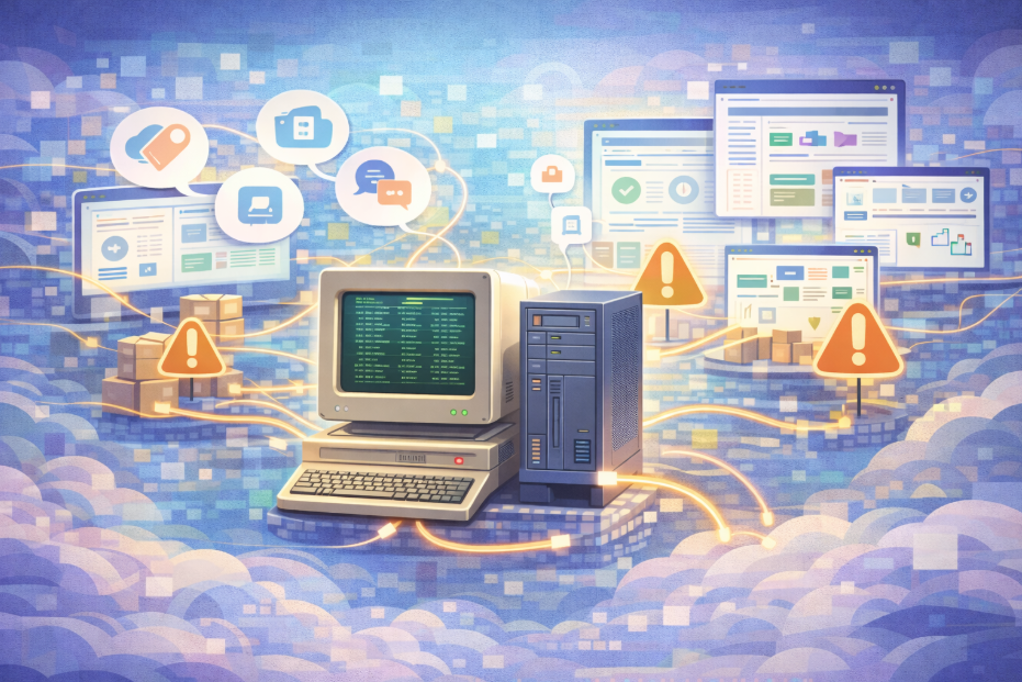 Legacy systems in wholesale businesses illustration showing established ERP infrastructure with integration connections to modern channels, emphasising operational stability over replacement