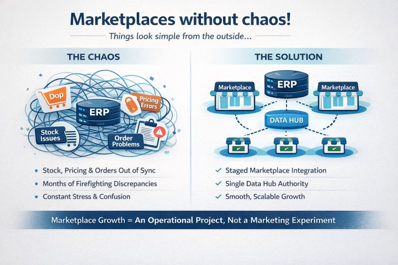 Marketplace integration architecture showing centralised data hub connecting ERP to multiple sales channels