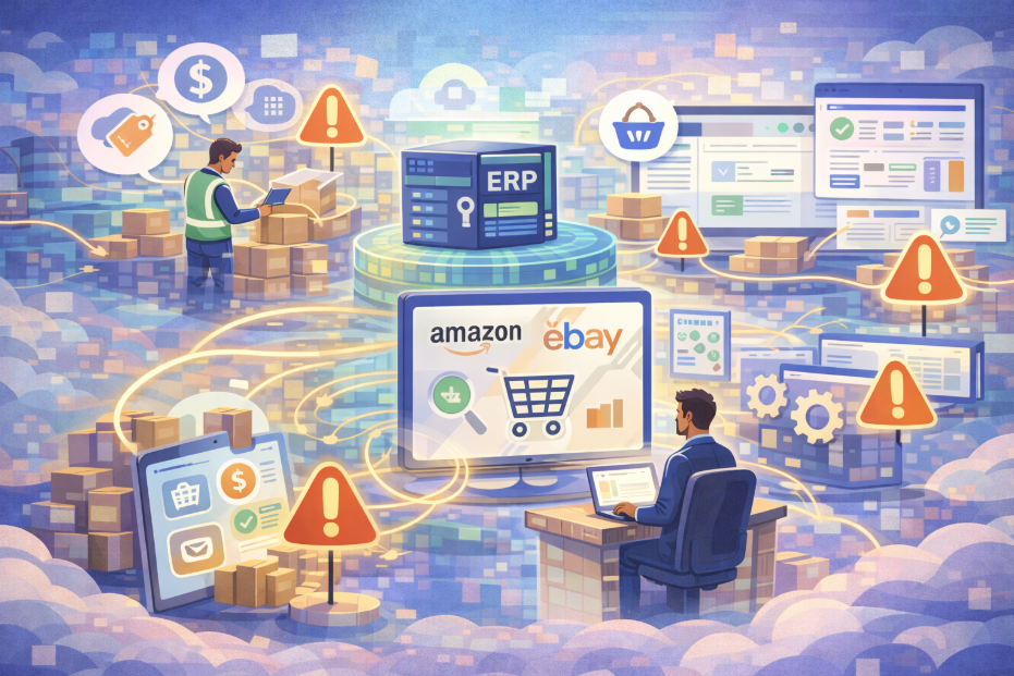 Marketplace and wholesale operations illustration showing ERP systems connecting to Amazon and eBay marketplaces with warning indicators highlighting operational risks around stock accuracy, pricing, and order fulfilment