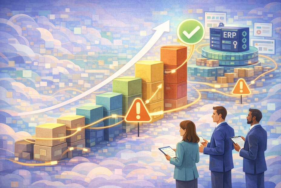 Illustration showing careful business scaling with growth chart, ERP system integration, and business professionals evaluating operational risks alongside sustainable expansion