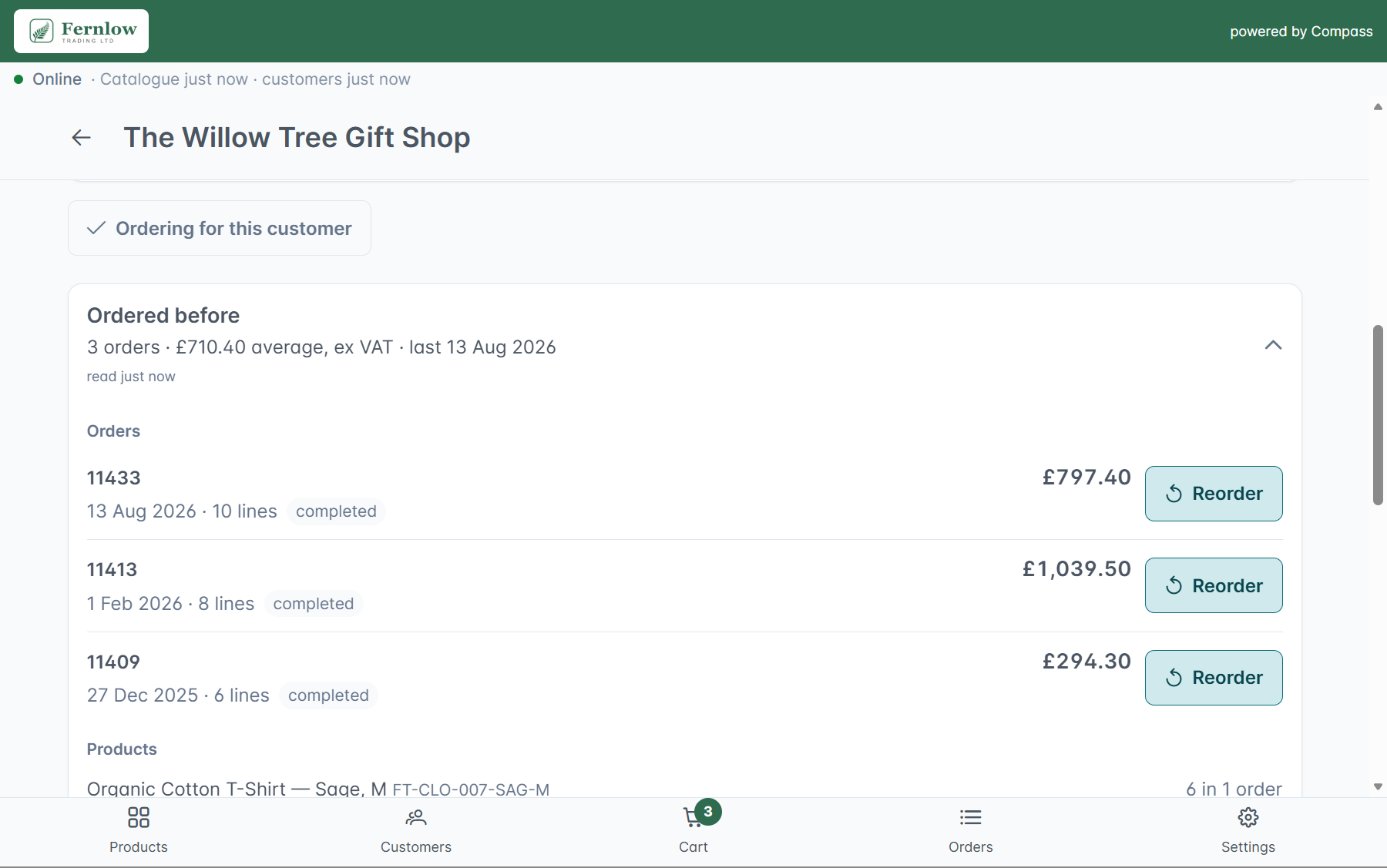 A trade customer's account in Compass, with past orders and one-tap reorder