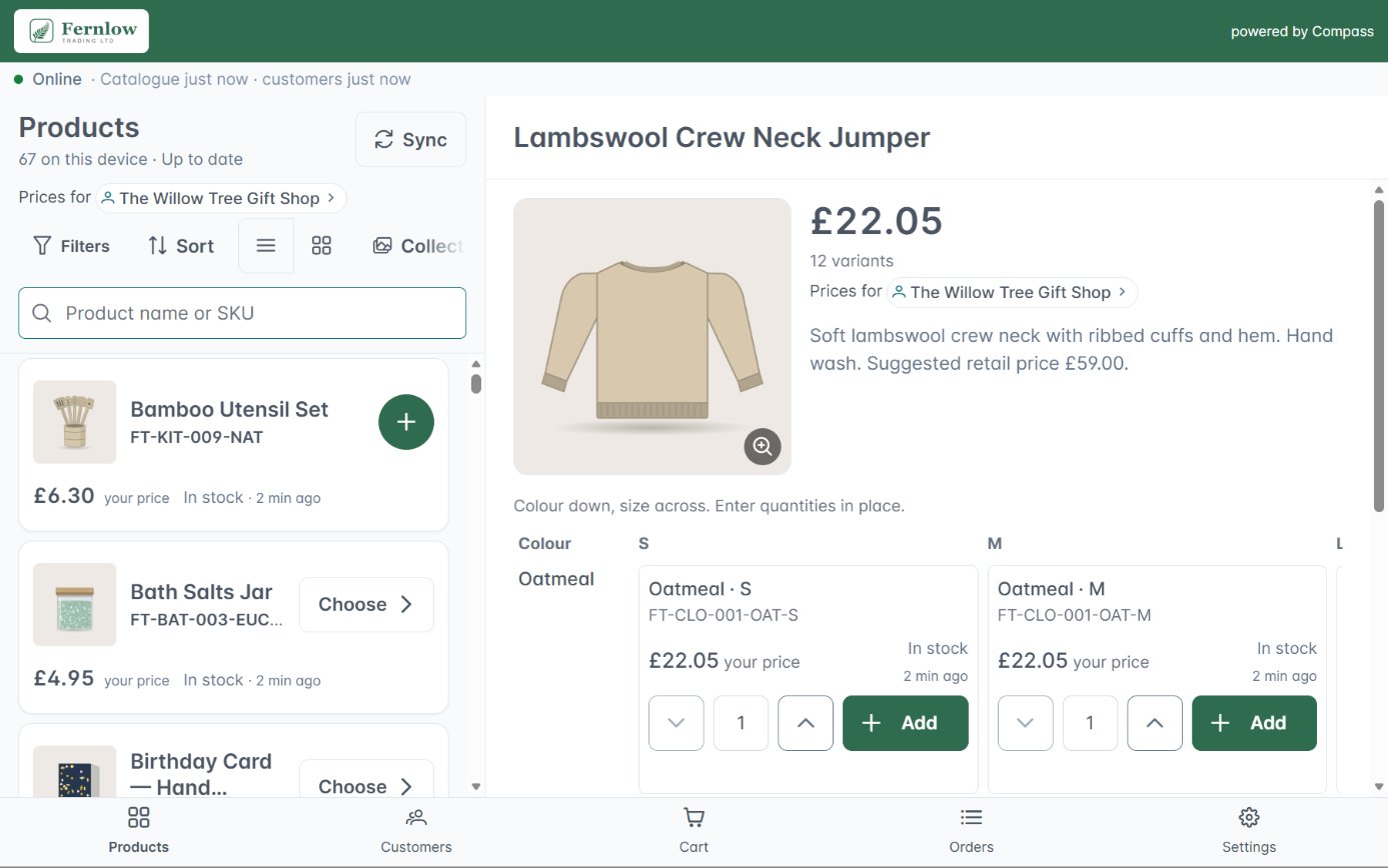 Compass on a tablet showing a jumper in every colour and size at one trade customer's own price, with stock