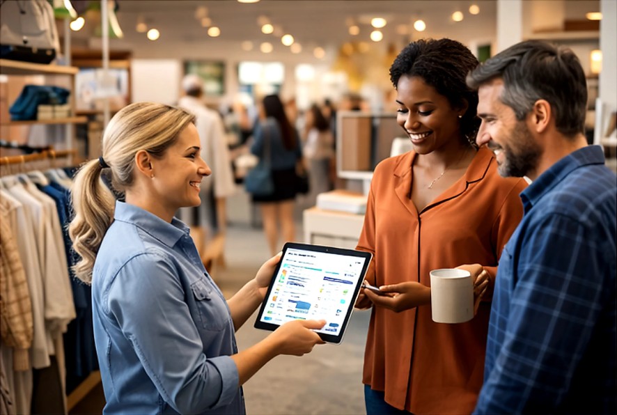 Sales team demonstrating Coretonomy platform on tablet