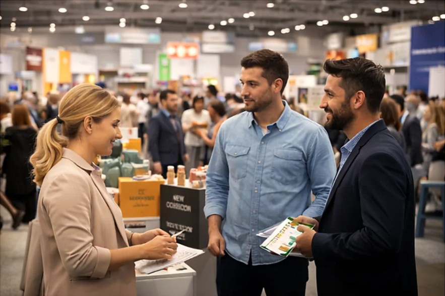 Business team having confident conversation at trade show