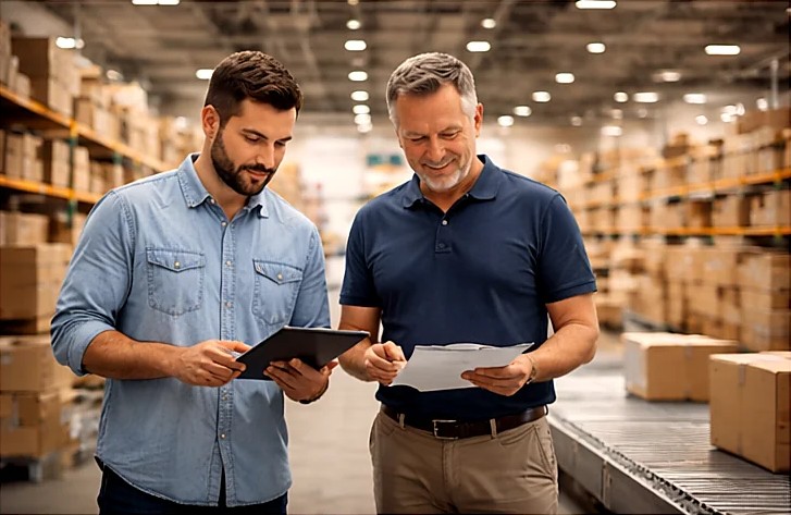Warehouse team reviewing inventory and operations