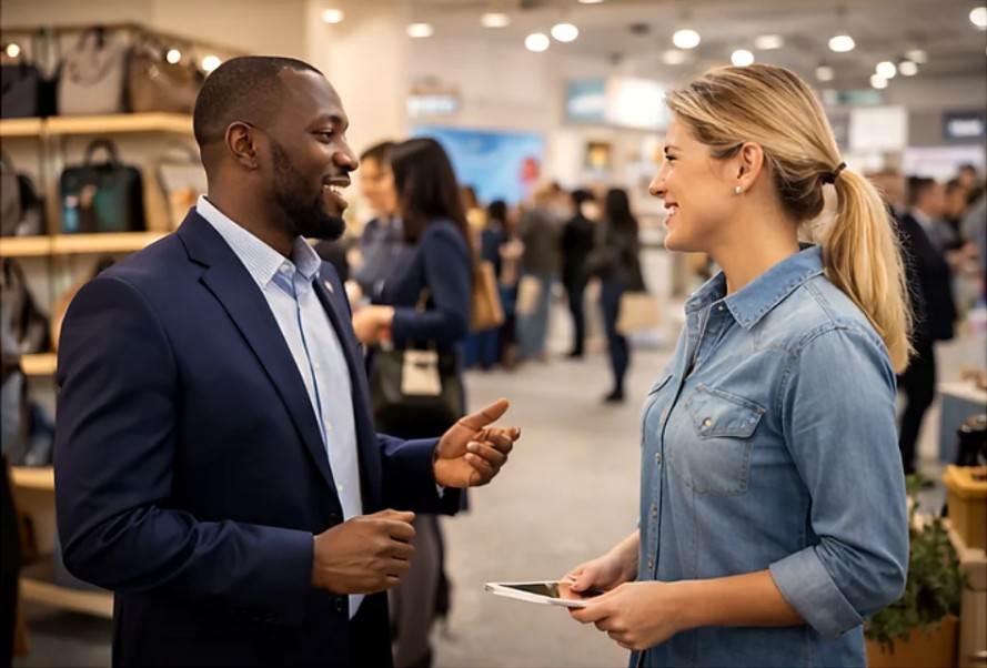 Professional trade show conversation and relationship building